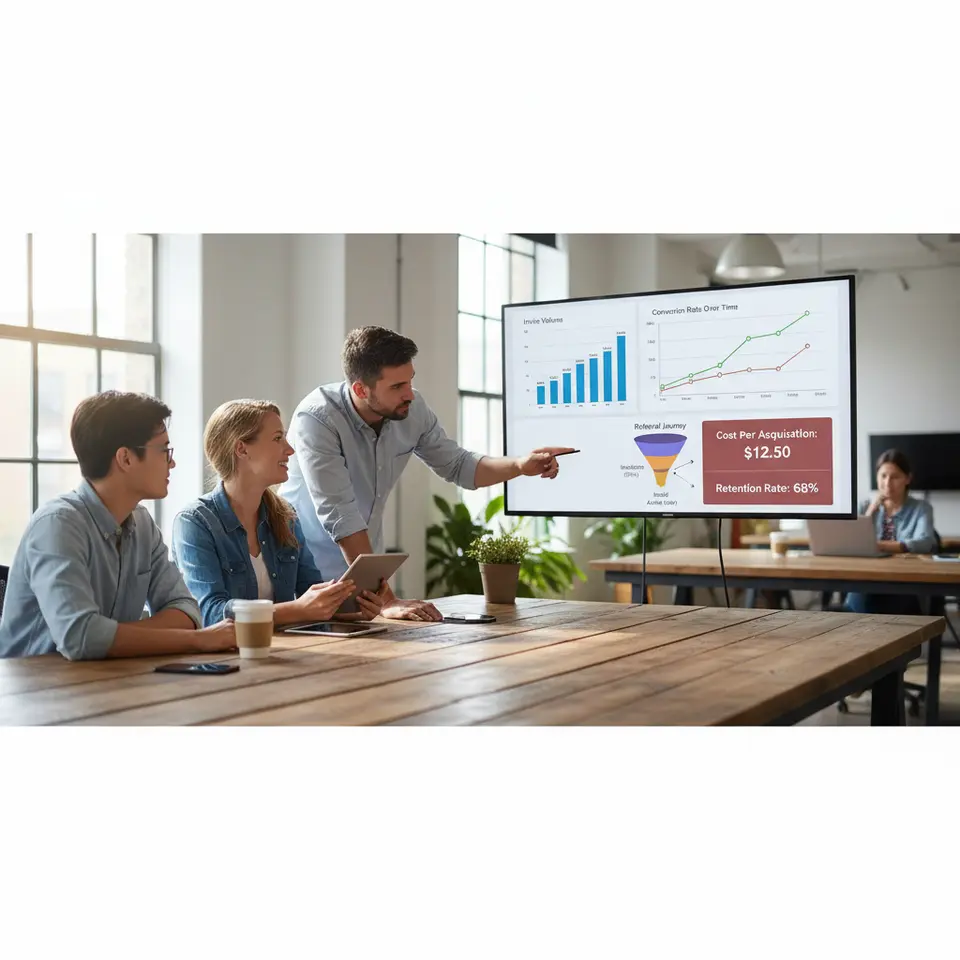 A clean analytics dashboard visualizing referral marketing metrics: a modern web-style UI displaying multiple panels—bar chart for invite volume, line graph for conversion rate over time, funnel diagram mapping referral invitation → install → active user, and a KPI card showing cost per acquisition and retention percentages—using distinct colors and data callouts.