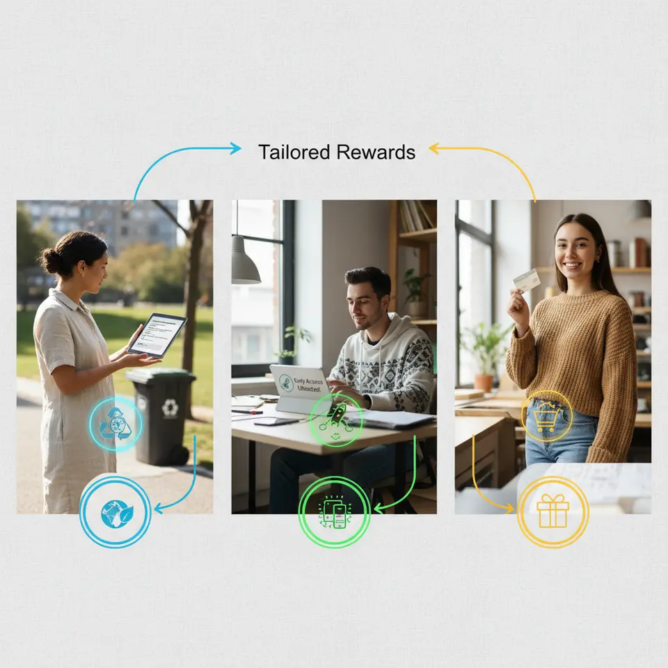 A vibrant illustration of segmented customer personas receiving tailored rewards: show an eco‐conscious shopper happily donating to charity, a tech enthusiast unlocking early access to new gadgets, and a casual buyer choosing a small gift card, all connected with arrows from user profiles to corresponding incentive icons.