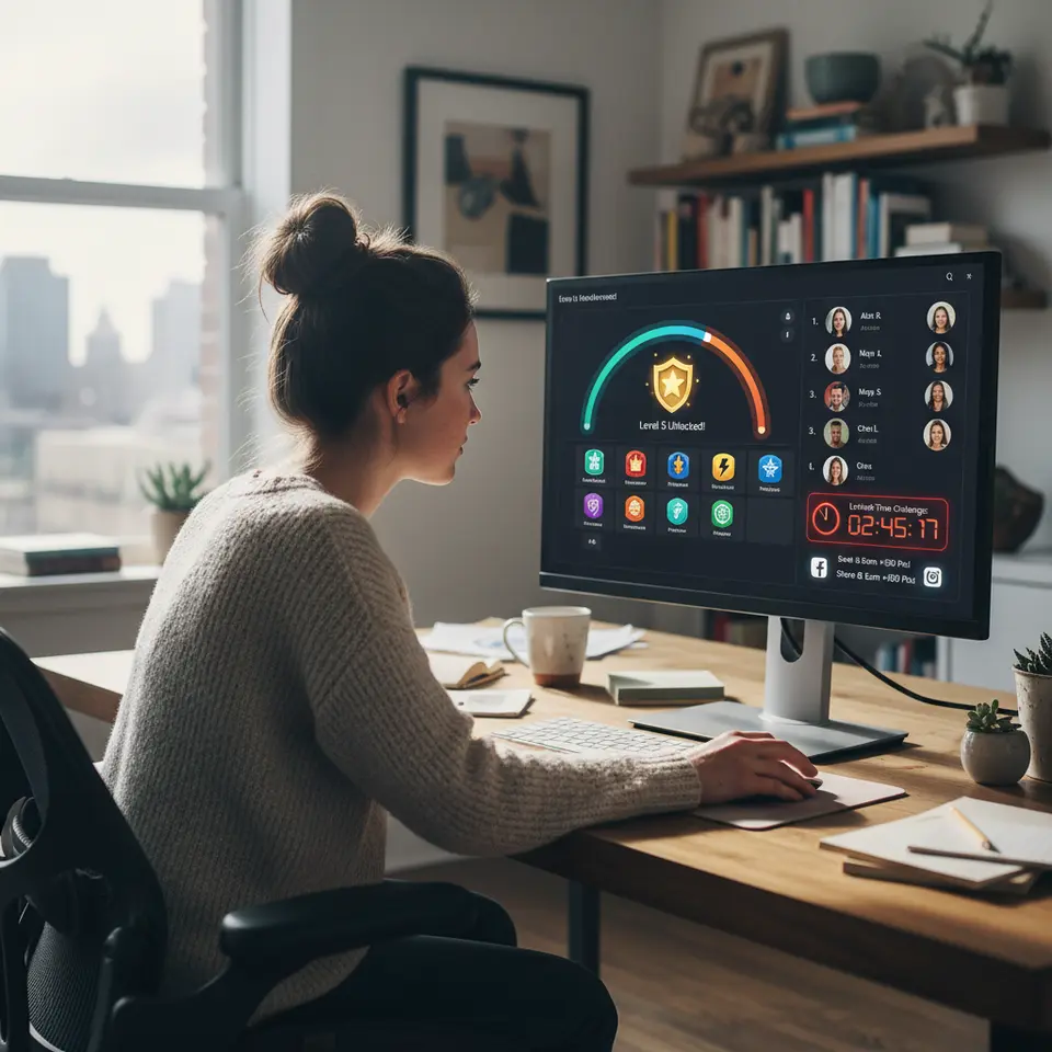 A dynamic gamification dashboard featuring a colorful points progress bar moving toward a milestone reward, digital badges for achievement levels, a real-time leaderboard with user avatars and rankings, a ticking countdown for a limited-time referral challenge, and social sharing icons offering bonus points.