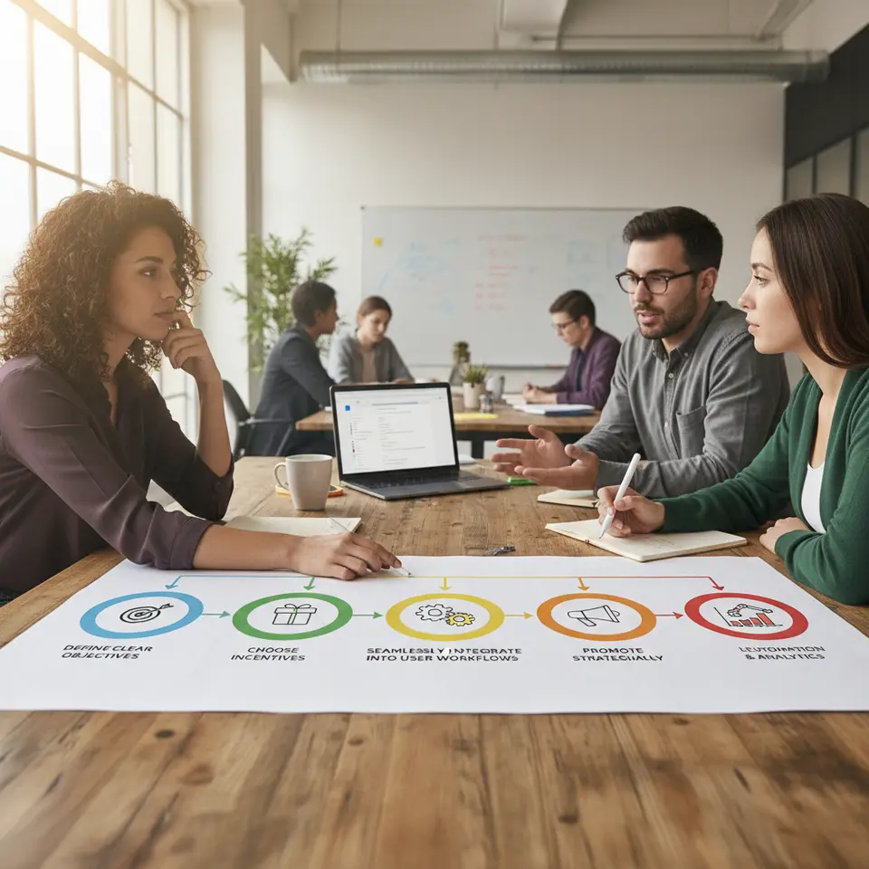 A colorful multi-step roadmap illustrating the blueprint to launch a SaaS referral campaign, with distinct icons and labels for each phase—Define Clear Objectives, Choose Incentives, Seamlessly Integrate into User Workflows, Promote Strategically, and Leverage Automation & Analytics—arranged in a cohesive flowchart style.