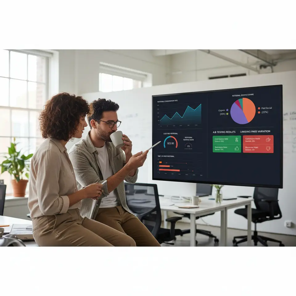 A modern SaaS analytics dashboard packed with data visualizations: a line chart for referral conversion rate, a gauge showing cost per referral, a pie chart for referral revenue share, a timeline bar chart for time to first referral, and side-by-side A/B testing results panels.